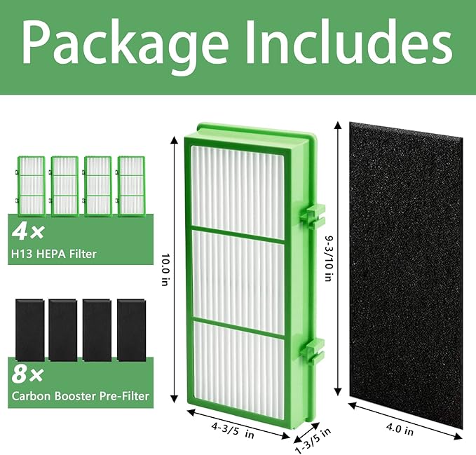 HAPF30AT Filter Replacement for Holmes AER1 Filter Replacement, Compatible with HAPF300AH-U4R and HAP242-NU, Funmit 4 Filters & 8 Activated Carbon Pre-Filters, Green