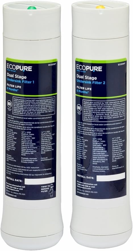 EcoPure ECODWF Dual Stage Water Filter Replacement Set – Fits ECOP20 Under Sink System – NSF-Certified – Reduces Lead, Chlorine, Cysts & More – 6-Month Life – Easy, Mess-Free Changes