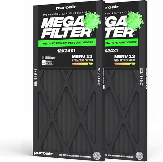 PuroAir MegaFilter - 12x12x1 Air Filter MERV 13 Activated CarbonTech Defense - Heavy Duty 3 Layer Furnace Filters Allergens, Pollen, Dust, Pet Dander, Smoke, Odors - HVAC Air Filter 12x12x1 (2-Pack)