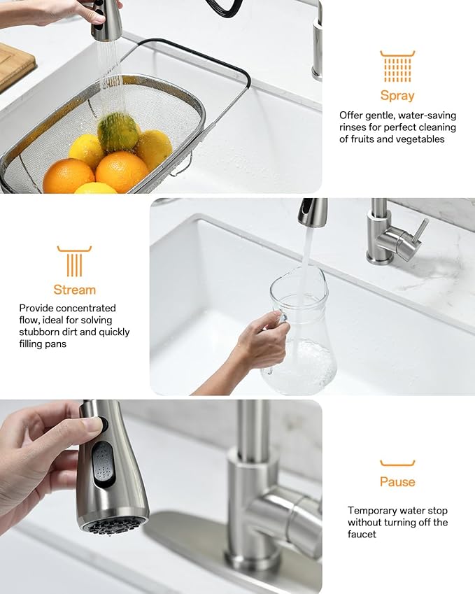 Kicimpro Kitchen Faucet with Pull Down Sprayer, Zero Leakage 3 Hole Brushed Nickel RV Kitchen Sink Faucet with Water Line, NSF Certified Lead-Free 304 Stainless Steel Touchless Kitchen Sink Faucets