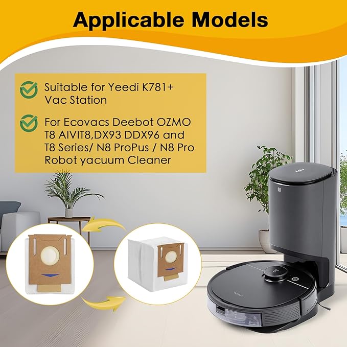 12 Pack Vacuum Dust Bags for Yeedi K781+ Vac Station, Disposable Dust Bag Fit for ECOVACS Deebot OZMO T8 AIVI T8 Max N8 Pro Plus N8Pro T9 AIVI T9PRO T9MAX DX93 DDX96 N10 Plus Vacuum Cleaner