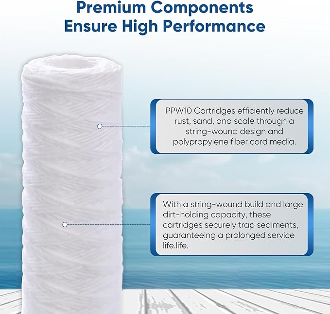 PUREPLUS 10 Micron 10"x2.5" Whole House String Wound Sediment Filter for Well Water, Replacement Cartridge for Universal 10 inch RO System, WP-5, Aqua-Pure AP110, CFS110, Culligan P5,WFPFC4002, 4Pack