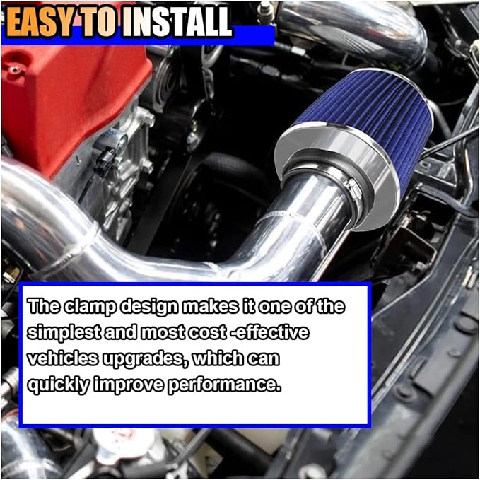 Universal Clamp-On Air Intake Filter, High Flow Closed-Top Cool Air Filter Cleaner, 76 89 102MM Performance Round Tapered Cone Air Filters, Washable Replacement Filter for Car Truck (Silver&Blue)