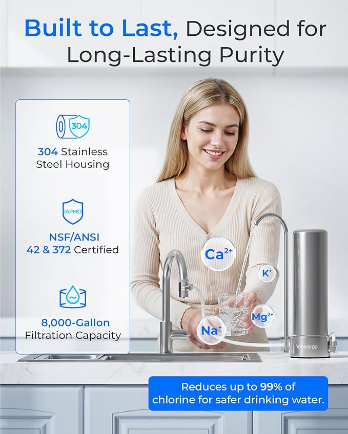 Waterdrop Water Filter for Sink Faucet, NSF/ANSI 42 Certified Countertop Water Filter System, 5-Stage Stainless Steel Faucet, 8000 Gallons, Reduces Heavy Metals and 99% Chlorine, WD-CTF-01(1 Filter)