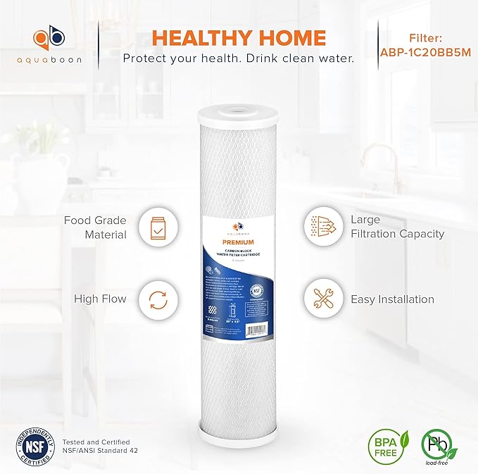 Aquaboon 5 Micron 20 x 4.5 Whole House Water Filter Replacement Cartridge Carbon Block Chlorine Reduction for 1-Stage Water Filtration System 6 Pack