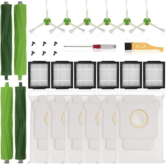 Replacement Parts Compatible with iRobot Roomba I, E & J Series i7 i7+ j6+ j7 j7+ i3 i3+ i4 i4+ i6 i6+ i8 i8+ /Plus, 2 Set Rubber Brushes, 6 HEPA Filters, 6 Side Brushes, 6 Vacuum Bags