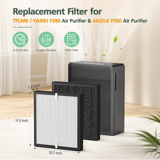 P280 P260 Filter Replacement, for TPLMB/YARIKI P280 Air Purifier, for AIUZLK P260 Air Purifier, 3-Stage Filtration (2 Pack)