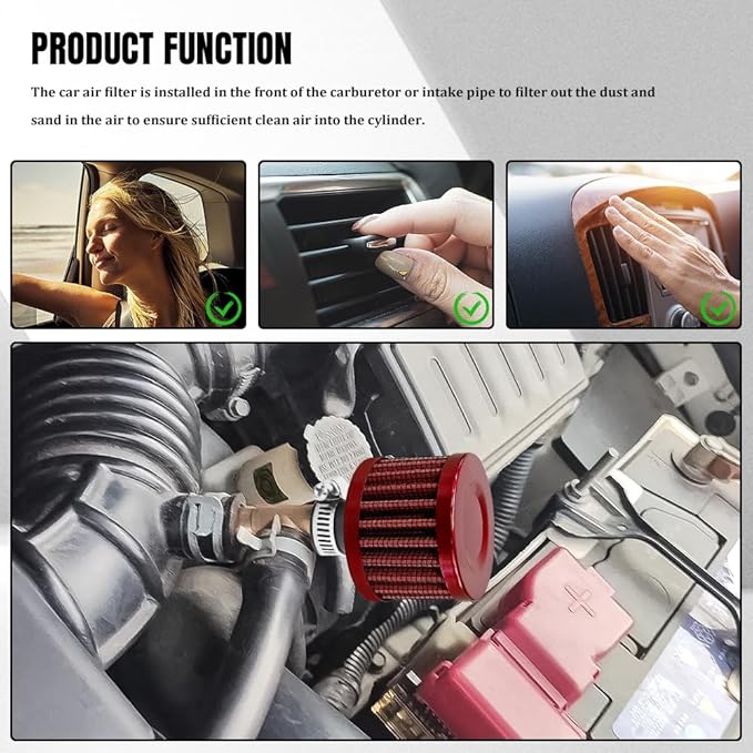 2PCS Breather Filter, Air Intake Filter, 12mm Auto Air Filter Vent Crankcase Breather with Adjustable Clamp, Universal Car Accessory Valve Cover Breather Fit for Car and Motorcycle (Red)