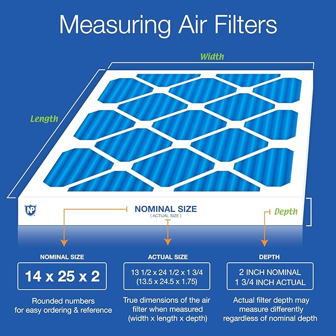 Nordic Pure 14x25x2 (Actual Size: 13 1/2 x 24 1/2 x 1 3/4) Pleated Air Filters MERV 7 Plus Carbon 12 Pack