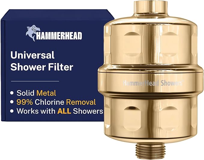 HammerHead Showers® Solid Metal Shower Head Filter – KDF 55 Shower Filter, High Pressure Universal Shower Filters to Remove Toxic Chemicals – Removes Chlorine and Heavy Metals – Polished Brass