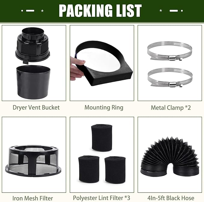 Upgraded Version - VIWINVELA 3 IN 1 Indoor Dryer Vent Kit with Lint Trap Dryer Lint Catcher Water Filter Bucket for Electric Dryer (Black Dryer Vent Bucket with Black Hose)