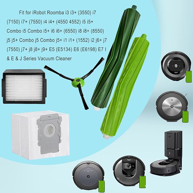 Replacement Parts Accessiroes Compatible with iRobot Roomba E/i/j E5 E6 E7 i3 i3+i4 i4+ i6 i6+ i7 i7+ i5 i5 j5 j5 i2 i8 i8+/Plus Robot Vacuum 2 Set Rubber Brushes 8 Filters 8 Side Brushes 10 Bags