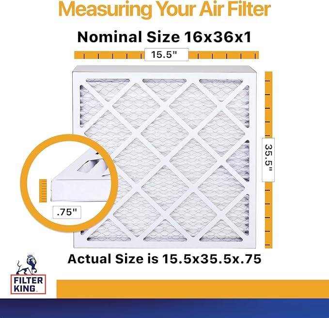 Filter King 16x36x1 Air Filter (MERV 13) (6-Pack) Dust & Allergy Control AC Furnace Filters, MADE IN USA, HVAC, Pleated, Electrostatic (Actual Size: 15.5 x 35.5 x .75)