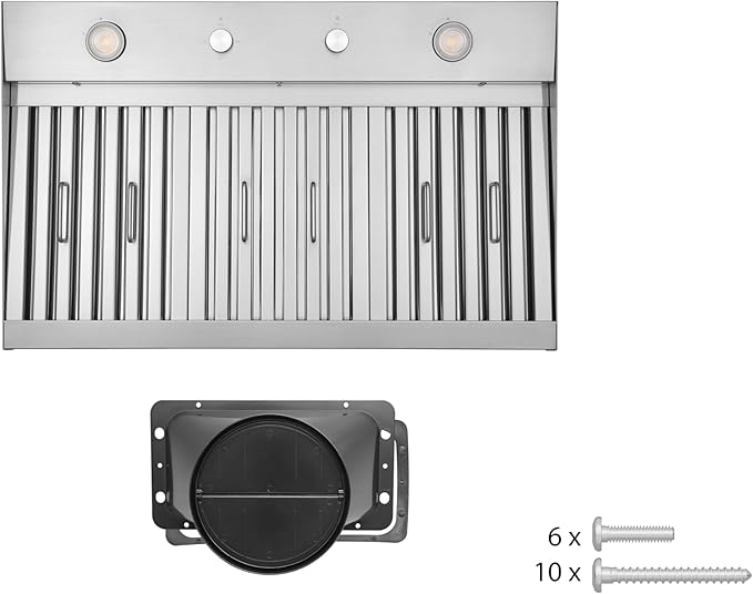 Hauslane Range Hood Insert 30 Inch,Stainless Steel Built-In Range Hood with 3-SPEED Dual Control Knobs,Dishwasher-safe baffle filters,GU10 LED bulbs,6" Round Duct for Vented or Ductless