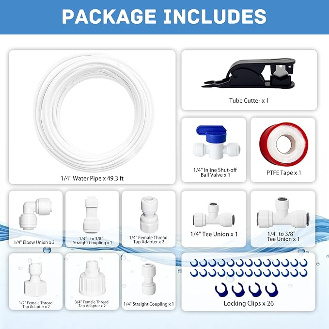 Refrigerator Water Line Kit, 1/4" OD 49.3 FT Water Supply Tubing with 14 PCS Quick Connect Fittings and Tubing Cutter, for RO System Water Filter, Ice Maker Water Line for Fridge