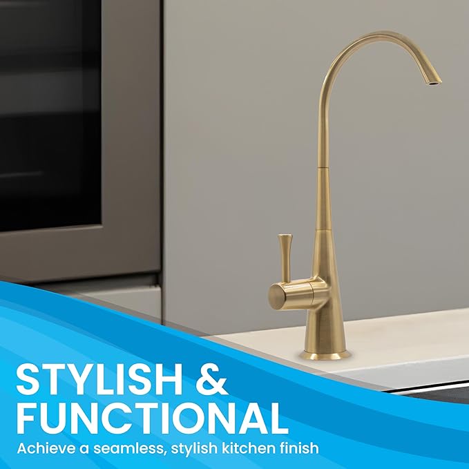 Metpure Airgap 3-Port Brass RO Faucet for Reverse Osmosis Drinking Water Systems. Features Pre-Installed Drain Tubes, Contemporary Design. Includes Wrench and Adapters. (Brushed Gold)