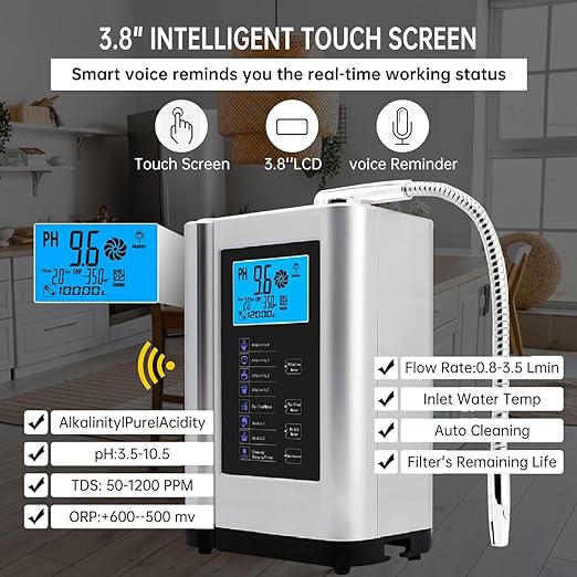 Alkaline Water Ionizer Machine 729, Built-in a Filter, Produces pH 4-10.5 Water, 7 Water Settings, Up to -570mV ORP, 8000L Per Filter, Silver