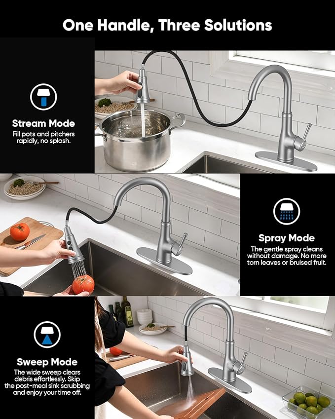 WEWE Vintage Kitchen Faucet with Pull Down Sprayer, Stainless Steel 1 or 3 Hole High Arc Single Handle Antique Sink Faucet for Classic Modern Ktichen, Brushed Nickel Bar & Prep Sinks