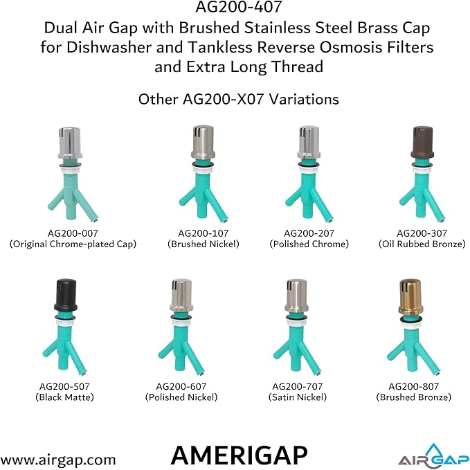 Dual Air Gap with Brushed Stainless Steel Brass Cap for Dishwasher and Tankless Reverse Osmosis Filter and Extra Long Thread (AG200-407, AG200-X07, AMERIGAP)