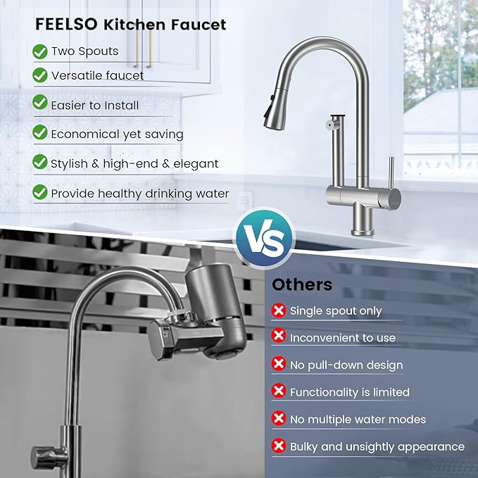 FEELSO Kitchen Faucets with Filtered, Stainless Steel Filter Kitchen Faucet with Pull Down Sprayer Reduces Lead, Chlorine, Bad Taste & Odor,High Arc Kitchen Sink Faucet 1 or 3 Hole for Farmhouse