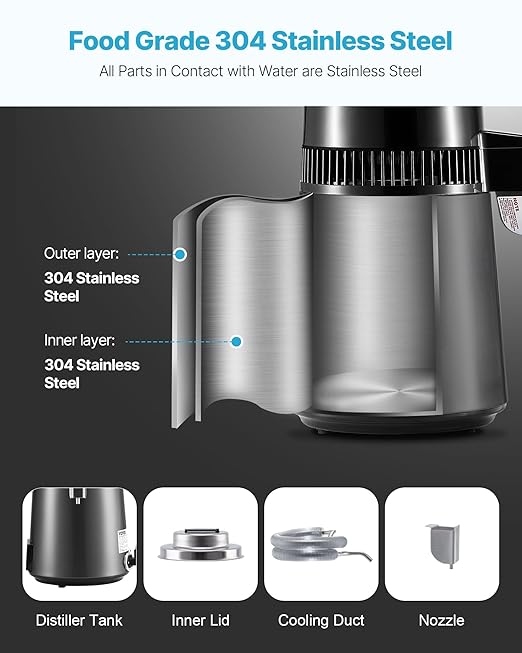 VEVOR Water Distiller, 4L /1.1 Gallon Pure Water Distilled for Home Table Countertop, 750W Distilling Maker with Glass Carafe, Stainless Steel Interior Drinking Machine to Make Clean Waters, Grey