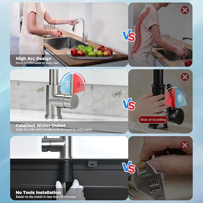 Kitchen Faucet with Pull Down Sprayer, VFAUOSIT Lead-Free Kitchen Sink Faucet Brushed Nickel Stainless Steel Modern High Arc Pull Out Single Hole Kitchen Faucets for Bar RV Bathroom Sink Faucets