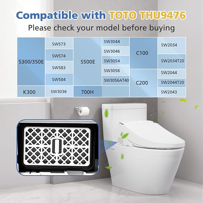 THU9476 Deodorizer Filter Compatible with TOTO Washlet S300, S350E, C100, C200, 700H, S500E, 700H, High Efficiency Deodorizing Cartridge Parts for Bathroom Toilet, 4 Pack(Not FIT for THU6474)