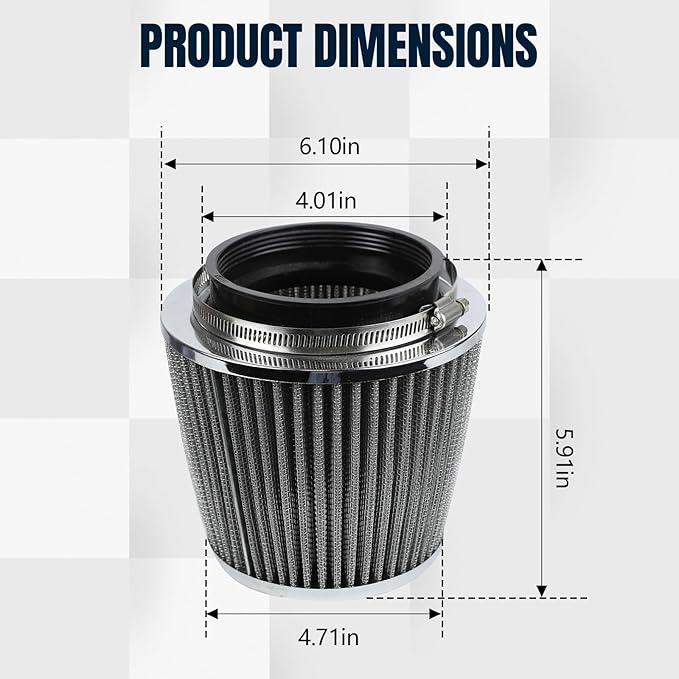 Hovom Universal Clamp-On Air Intake Filter, 76 89 102MM (3/3.5/4in) High Flow Round Tapered Cold Air Intake Filter, High Performance, Washable & Reusable, Engine Filters Replacement (Silver)