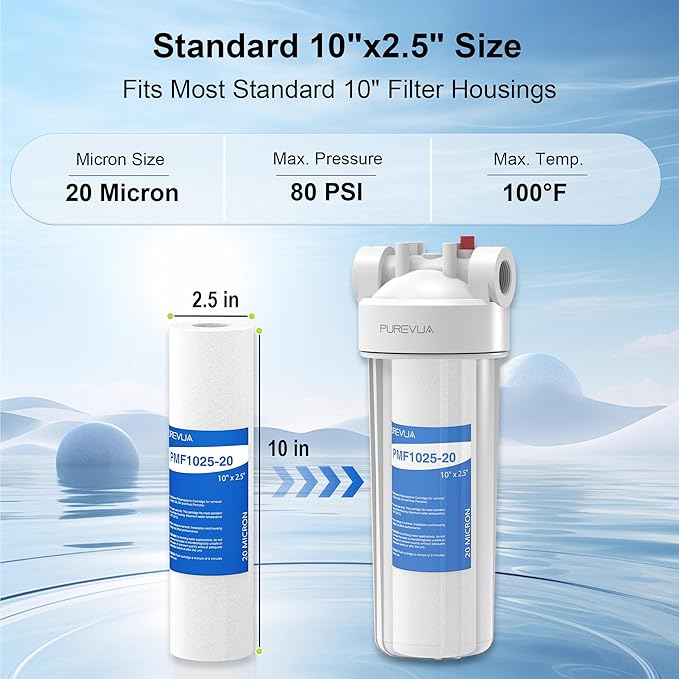 20 Micron 10" x 2.5" Sediment Filter, Whole House Water Filter Cartridge Replacement for Any 10 inch RO Unit, Compatible with Culligan P5, GE FXUSC, WFPFC5002, AP110, WHKF-GD05, Pack of 6