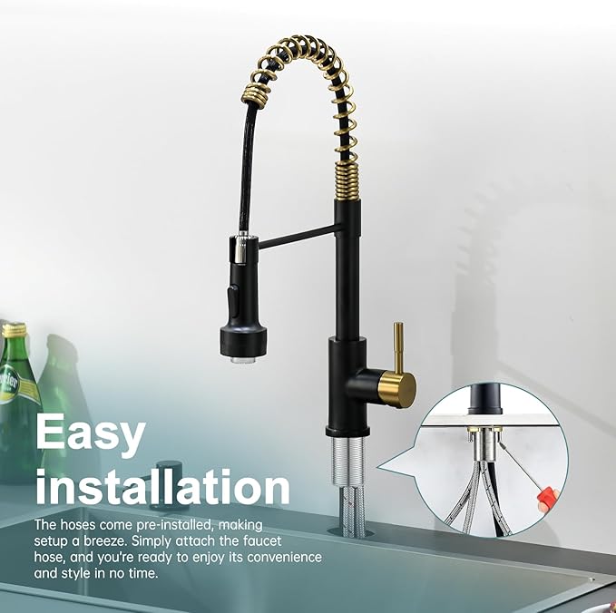 GIMILI Black and Gold Kitchen Faucet with Soap Dispenser Single Hole Pull Down Sprayer LED Faucet, Suitable for Farmhouses, RV, Laundry Room, Outdoor, and Campers. Llave para fregadero de cocina