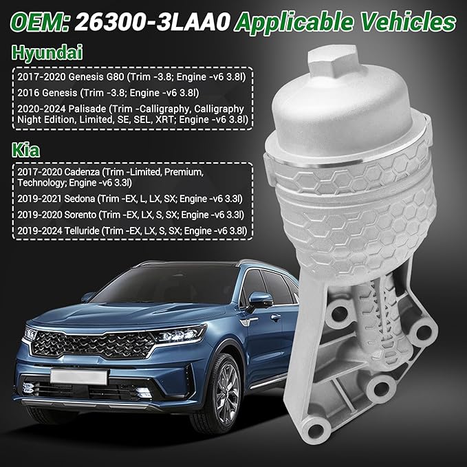 Leak-Proof Aluminum Oil Filter Housing Kit - Perfect Fit Upgrade for Hyundai/Kia/Genesis! Stops Leaks for Life, Quick Install. Fits Palisade/Sorento/Telluride etc. (Part#26300-3LAA0) Now!