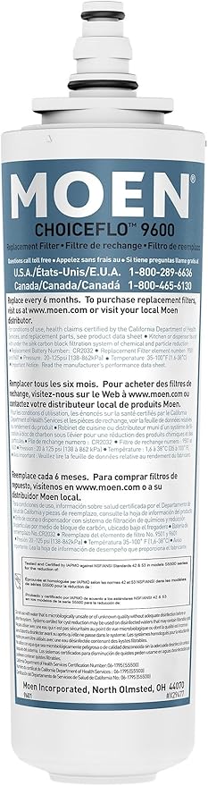 Moen 9601 ChoiceFlo Replacement Water Filter Compatible with Moen Sip Filtered Kitchen Faucets