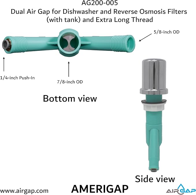 Dual Air Gap for Dishwasher and Reverse Osmosis Filters (with tank) and Extra Long Thread (AG200-005, AG200-002, T52 RO KIT, AMERIGAP)