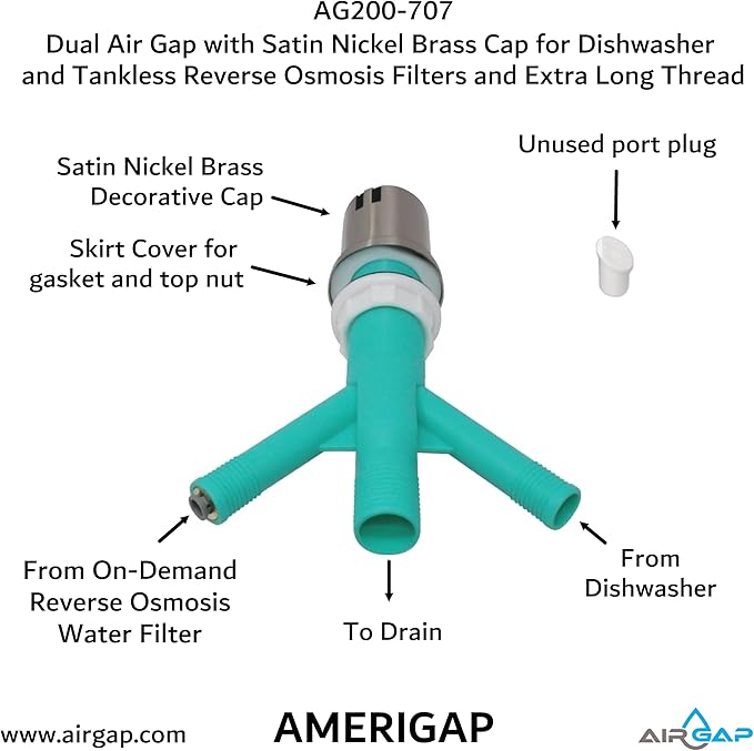 Dual Air Gap with Satin Nickel Brass Cap for Dishwasher and Tankless Reverse Osmosis Filter and Extra Long Thread (AG200-707, AG200-X07, AMERIGAP)