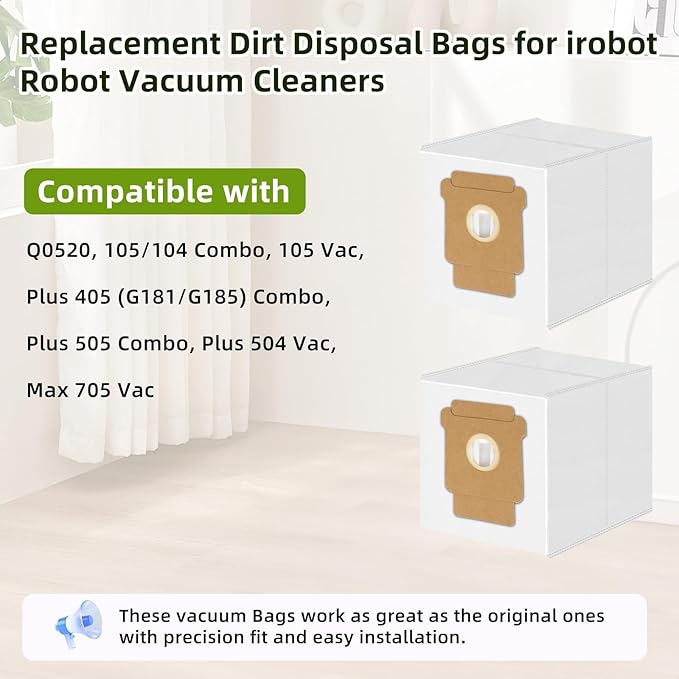 12 Pack Vacuum Dust Bags Replacement for iRobot Roomba Q0520, 1020/1010/108/106/104/105 Combo, Plus 405/504/505/507 Combo, Max 705/707 Vac Robot Clean Base Automatic Dirt Disposal Bag