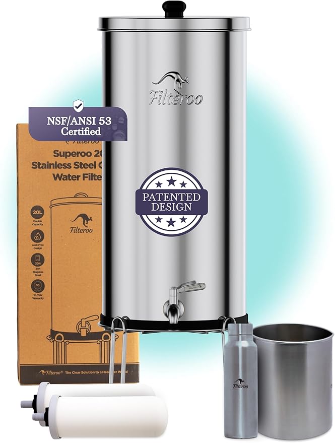 Countertop Gravity Water Filter System - 4.23 Gal/16L | 304 Stainless Steel | Gravity-Fed Water Purifier with 2 Fluoride & Chlorine Reduction Ceramic Cartridges | Also Removes Bacteria & Heavy Metals