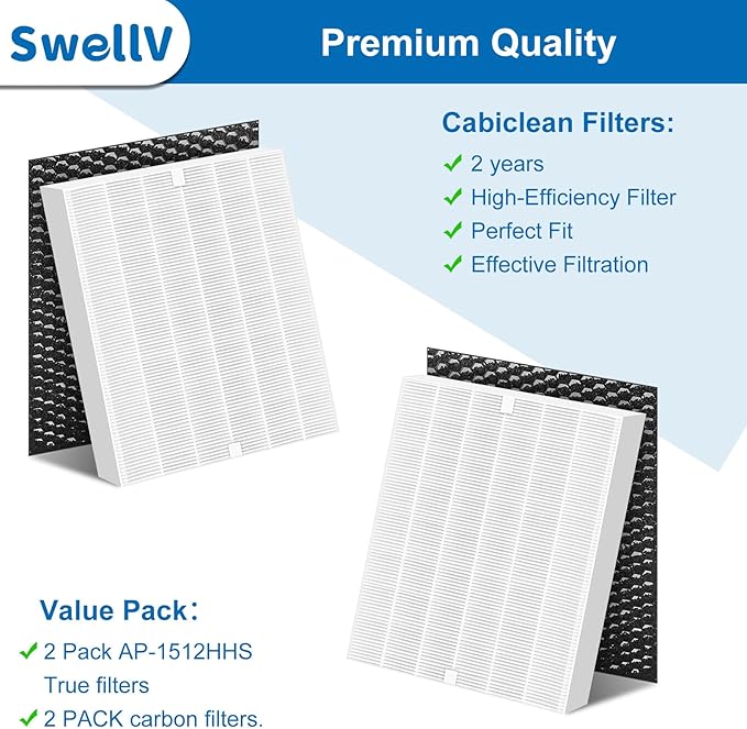 2 Pack AP-1512HHS Filters Replacement for Coway Airmega Air Pu-rif-ier, Compatible with AP1512HHS, AP1512HH and 200M Air Pu-rif-iers, 2 Filters + 2 Carbon Pre-Filters