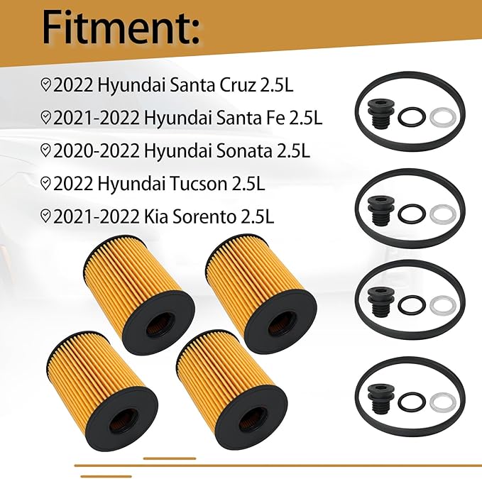 26350-2S000 Oil Filters Compatible with Hyundai Santa Sonata Tucson Cruz Fe Kia Sorento 2.5L 2020-2022 Replace 21513-23001 Pack of 4