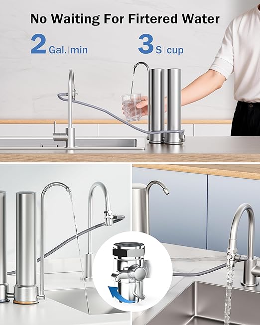Frizzlife DS99 Countertop Water Filter System, NSF 42&372 Certified 8-Stage Stainless Steel Water Filter for Sink Faucet, 0.5 Micron Filter Reduces 99.99% Lead, Chlorine, Heavy Metals, Bad Taste&Odor