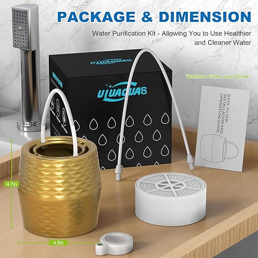 Bath Filter for Tub - KDF-55 Bath Water Filter for Tub Faucet, Removes Most Chlorine, Lead, Fluoride and Heavy Metals | Hard Water Softener, Improves Skin, Hair and Nails (Gold)