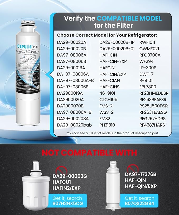 ICEPURE PLUS DA29-00020B NSF/ANSI 53 & 42 Certified Refrigerator Water Filter, Remove Lead, Replacement for Samsung HAF-CIN/EXP HAF-CIN DA29-00020B-1 HDX FMS-2 RF28HMEDBSR RF263BEAESR RF4287HARS 2PACK