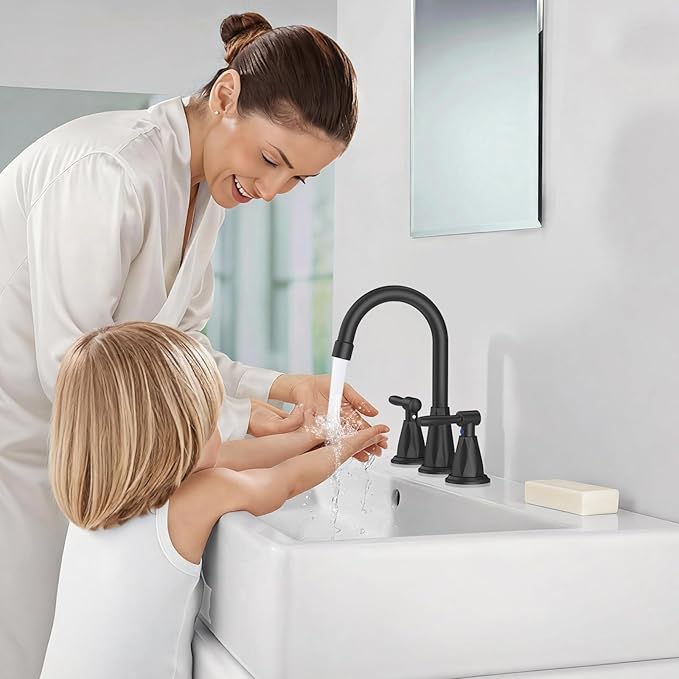 Bathroom Faucets with Filter, Widespread Black Bathroom Sink Faucet for 3 Holes with Pop-up Drain Assembly, Two Handle Vanity Faucet (Contemporary)