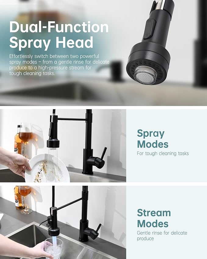 GIMILI Matte Black LED Kitchen Faucet with Soap Dispenser, Modern Single Handle Spring Kitchen Sink Faucets with Pull Down Sprayer