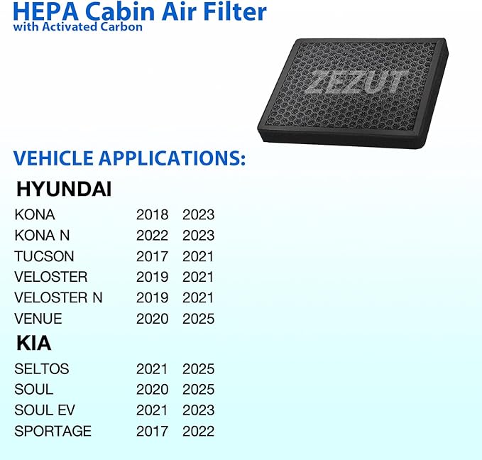 Cabin Air Filter, for 2016-2021 Hyundai Tucson, 2018-2023 Kona, 2022-2023 Kona N, Veloster, 2020-2025 Venue, 2017-2025 Kia Sportage, 2020-2024 Soul, 2021-2025 Seltos (CF12160)