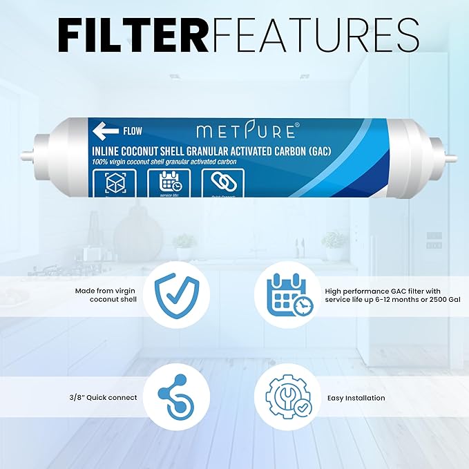 Metpure Inline GAC Water Filter 2" x 10" x 3/8" OD. Coconut Shell Granular Activated Carbon for RO Reverse Osmosis Water Filtration System, Refrigerator, Ice Maker. 3/8" Quick Connect.