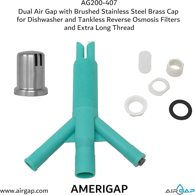 Dual Air Gap with Brushed Stainless Steel Brass Cap for Dishwasher and Tankless Reverse Osmosis Filter and Extra Long Thread (AG200-407, AG200-X07, AMERIGAP)