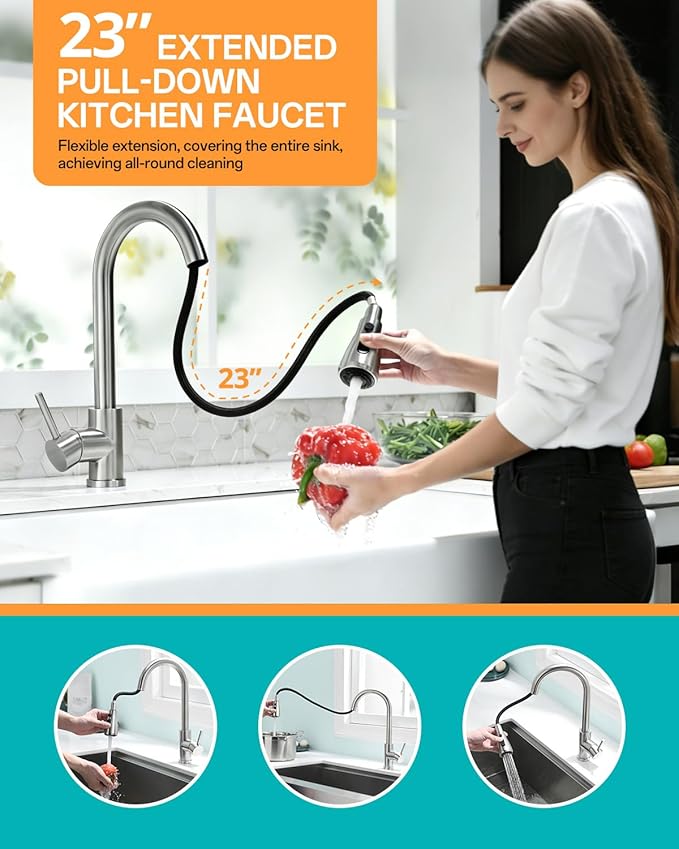 Kicimpro Kitchen Faucet with Pull Down Sprayer, Zero Leakage 3 Hole Brushed Nickel RV Kitchen Sink Faucet with Water Line, NSF Certified Lead-Free 304 Stainless Steel Touchless Kitchen Sink Faucets