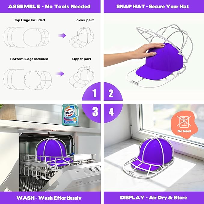 Hat Washer Cage for Washing Machine – Baseball Cap Cleaner Rack for Washer & Dishwasher, Structured Cap Shaper & Protector for Hats – 3 Packs (Assembly Required)