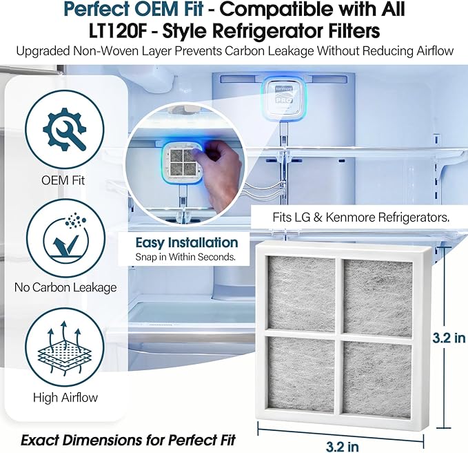 3 Pack LT120F Refrigerator Air Filter Replacement for LG & Kenmore Elite, 3-Layer Activated Carbon to Remove Odors & Keep Food Fresh, Compatible with ADQ73214402, ADQ73214404, 46-9918, 9918