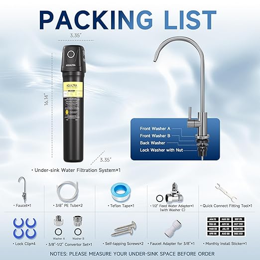 AQUALTRA USF02-BKF Under Sink Water Filter System, 20K Gallons with Faucet, NSF/ANSI 372/CAN Certified, 0.5 μm Filter Reduces PFOA/PFOS, Chlorine, Lead, Chloramine, Fluoride, Bad Taste & Odor